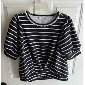 NEW Women's Black and White Striped Puff Sleeve Blouse with Pearl Neckline M